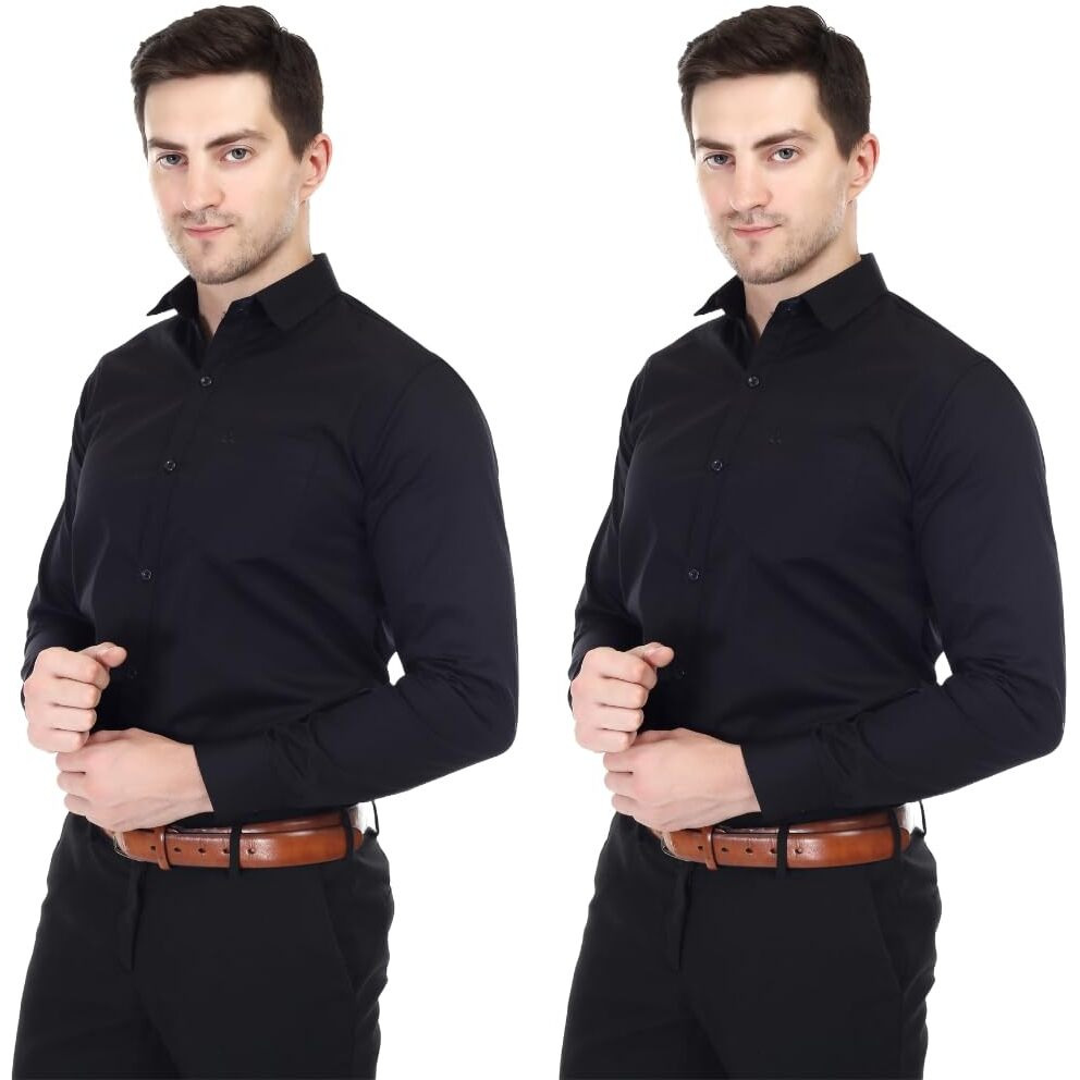 Xjarvis Clifton Men's Regular Fit Cotton Blend Plain Shirt  Full Sleeves Casual & Formal Summer Shirt With Pocket Design & Spread Collar, Pack Of 2 (Black, 2Xl)