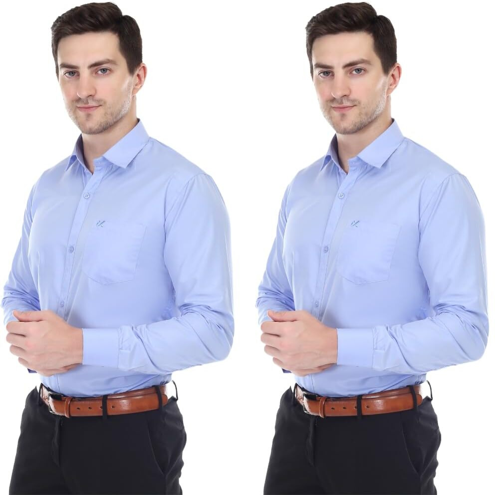Xjarvis Clifton Men's Regular Fit Cotton Blend Plain Shirt  Full Sleeves Casual & Formal Summer Shirt With Pocket Design & Spread Collar, Pack Of 2 (Blue, Xl)