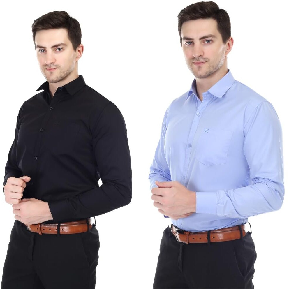 Xjarvis Clifton Men's Regular Fit Cotton Blend Plain Shirt  Full Sleeves Casual & Formal Summer Shirt With Pocket Design & Spread Collar, Pack Of 2 (Black/Blue, Xl)