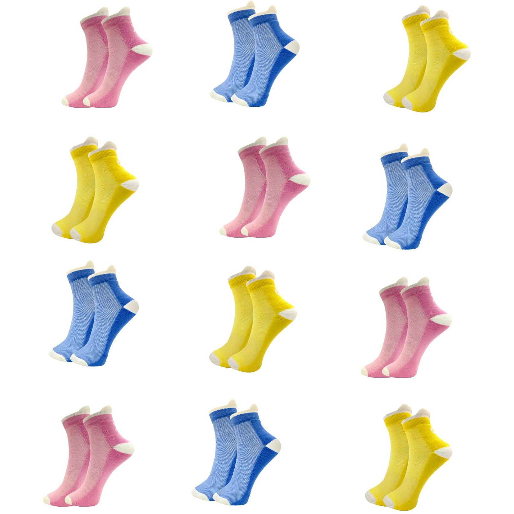 Xjarvis Mexico Women's Ankle Socks - Half Terry Cushioned Sole, Breathable Combed Cotton, Odour-Free - For Running, Gym, Sports & Everyday Wear - Pack Of 3/6/9/12 (Blue, Yellow, Pink)
