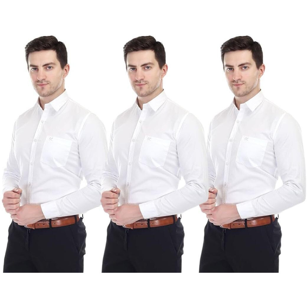 Xjarvis Clifton Men's Regular Fit Cotton Blend Plain Shirt  Full Sleeves Casual & Formal Summer Shirt With Pocket Design & Spread Collar, Pack Of 3 (White, 2Xl)