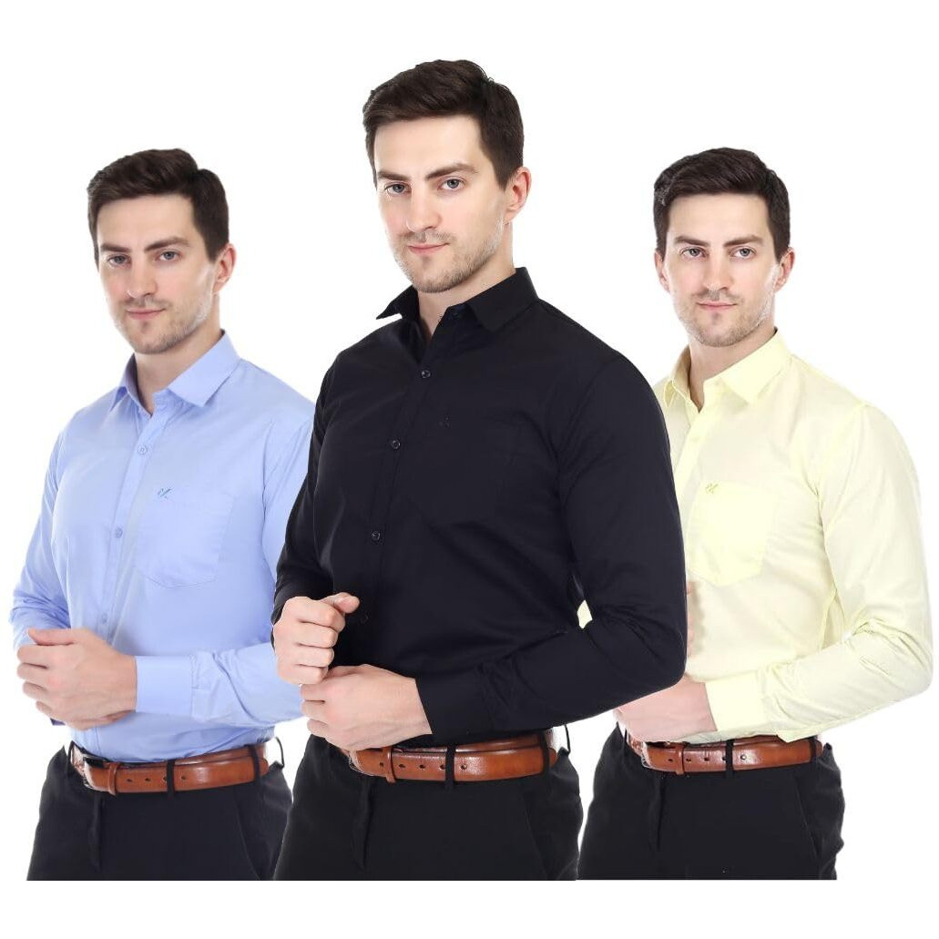 Xjarvis Clifton Men's Regular Fit Cotton Blend Plain Shirt  Full Sleeves Casual & Formal Summer Shirt With Pocket Design & Spread Collar, Pack Of 3 (Blue/Black/Lemon, M)