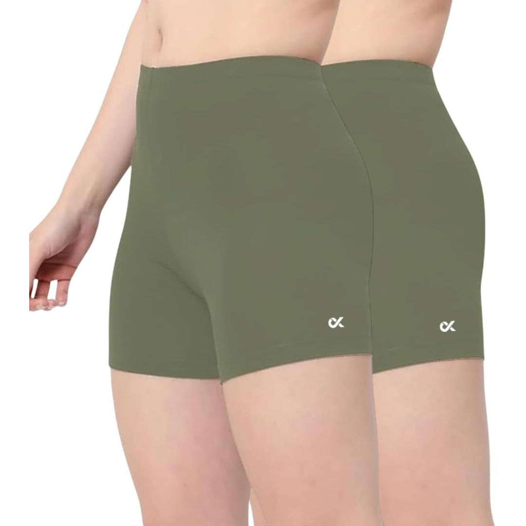 Xjarvis Lucia Shorts For Women Stretchable, Yoga Shorts Soft, Squat-Proof & Breathable, Cycling, Running For Skin Fit Tights & Gym Short, Pack Of 2 (Olive, M)