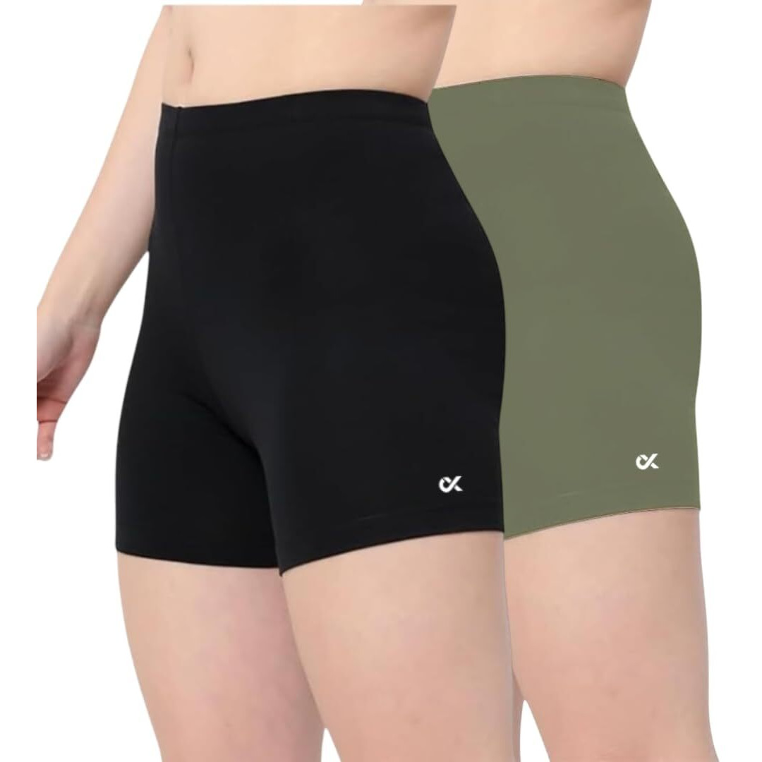 Xjarvis Lucia Shorts For Women Stretchable, Yoga Shorts Soft, Squat-Proof & Breathable, Cycling, Running For Skin Fit Tights & Gym Short, Pack Of 2 (Black, Olive 2Xl)