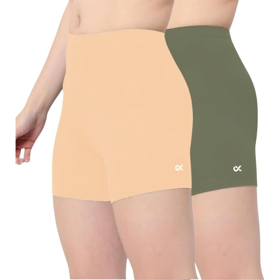 Xjarvis Lucia Shorts For Women Stretchable, Yoga Shorts Soft, Squat-Proof & Breathable, Cycling, Running For Skin Fit Tights & Gym Short, Pack Of 2 (Skin, Olive L)