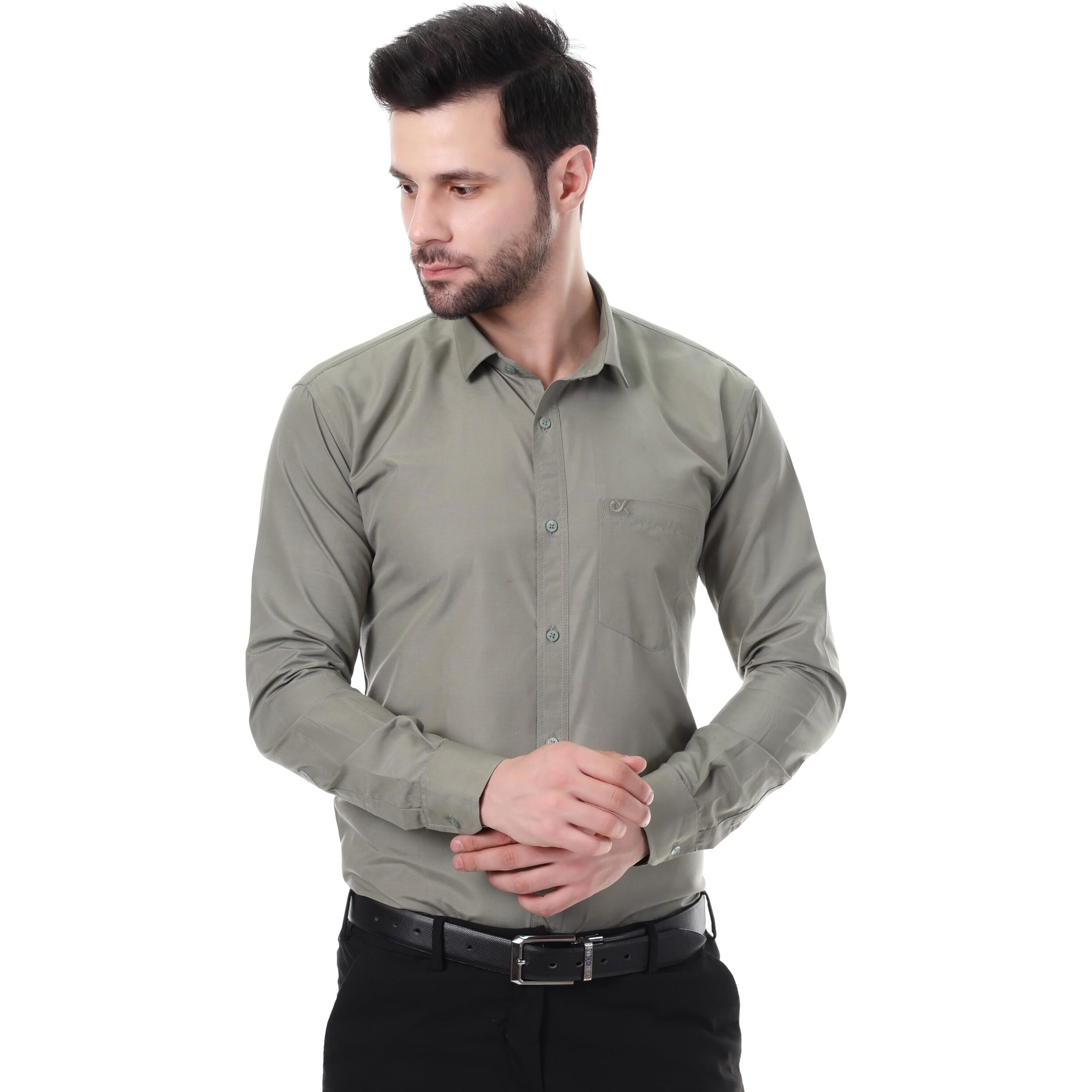 Xjarvis Clifton Men's Regular Fit Cotton Blend Plain Shirt  Full Sleeves Casual & Formal Summer Shirt With Pocket Design & Spread Collar, Pack Of 1 (Grayish Olive, L)