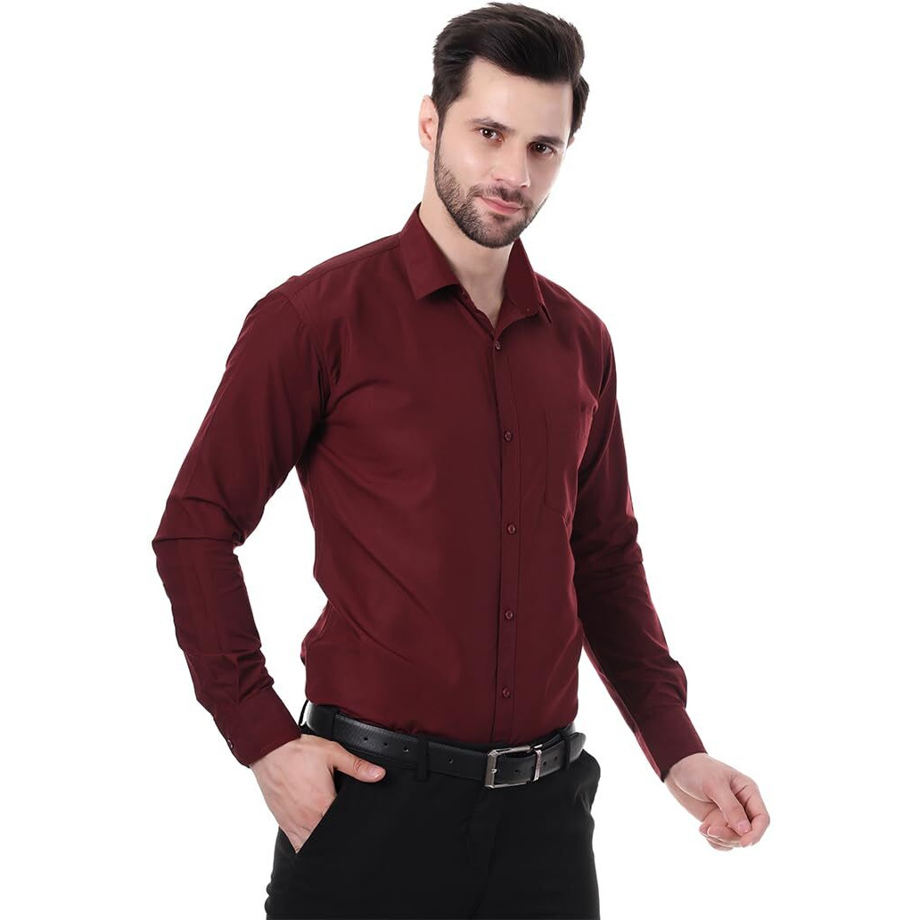 Xjarvis Austin Men's Cotton Blend Shirt |Slim Fit Formal Shirt With Pocket |Plain | Long Sleeve Spread Collar | Casual Wear Regular Fit Shirt, Pack Of 1 (Maroon, 2Xl)