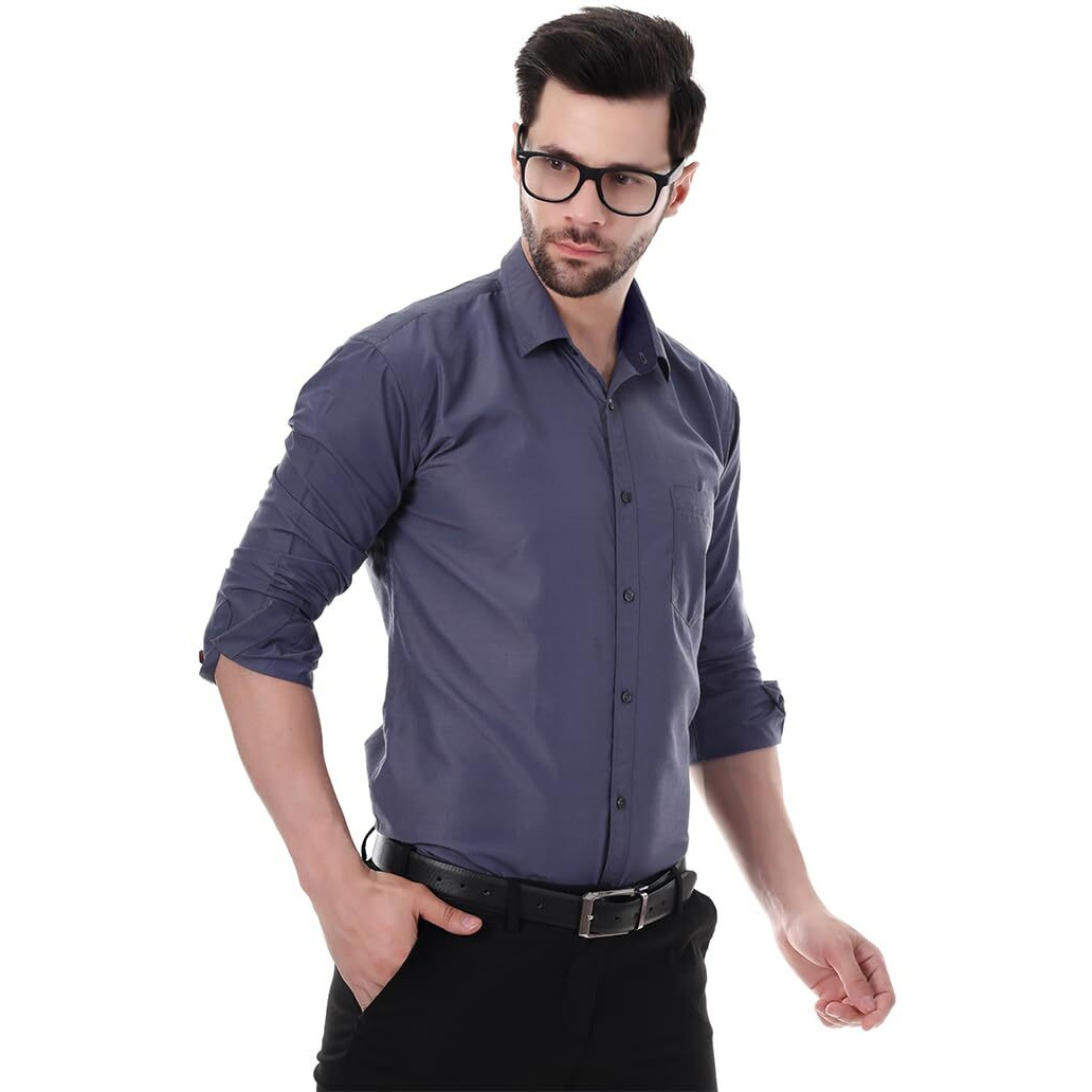 Xjarvis Austin Men's Cotton Blend Shirt |Slim Fit Formal Shirt With Pocket |Plain | Long Sleeve Spread Collar | Casual Wear Regular Fit Shirt, Pack Of 1 (Slate Blue, M)