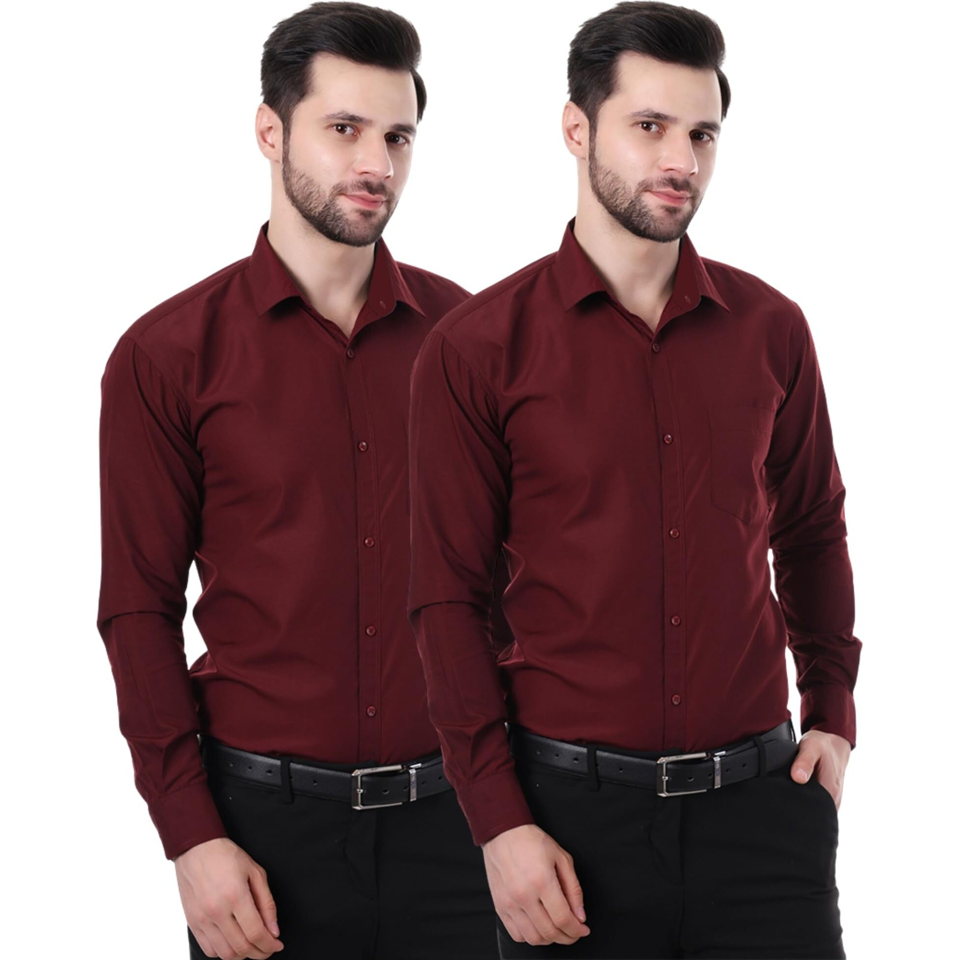 Xjarvis Austin Men's Cotton Blend Shirt |Slim Fit Formal Shirt With Pocket |Plain | Long Sleeve Spread Collar | Casual Wear Regular Fit Shirt, Pack Of 2 (Maroon, 2Xl)