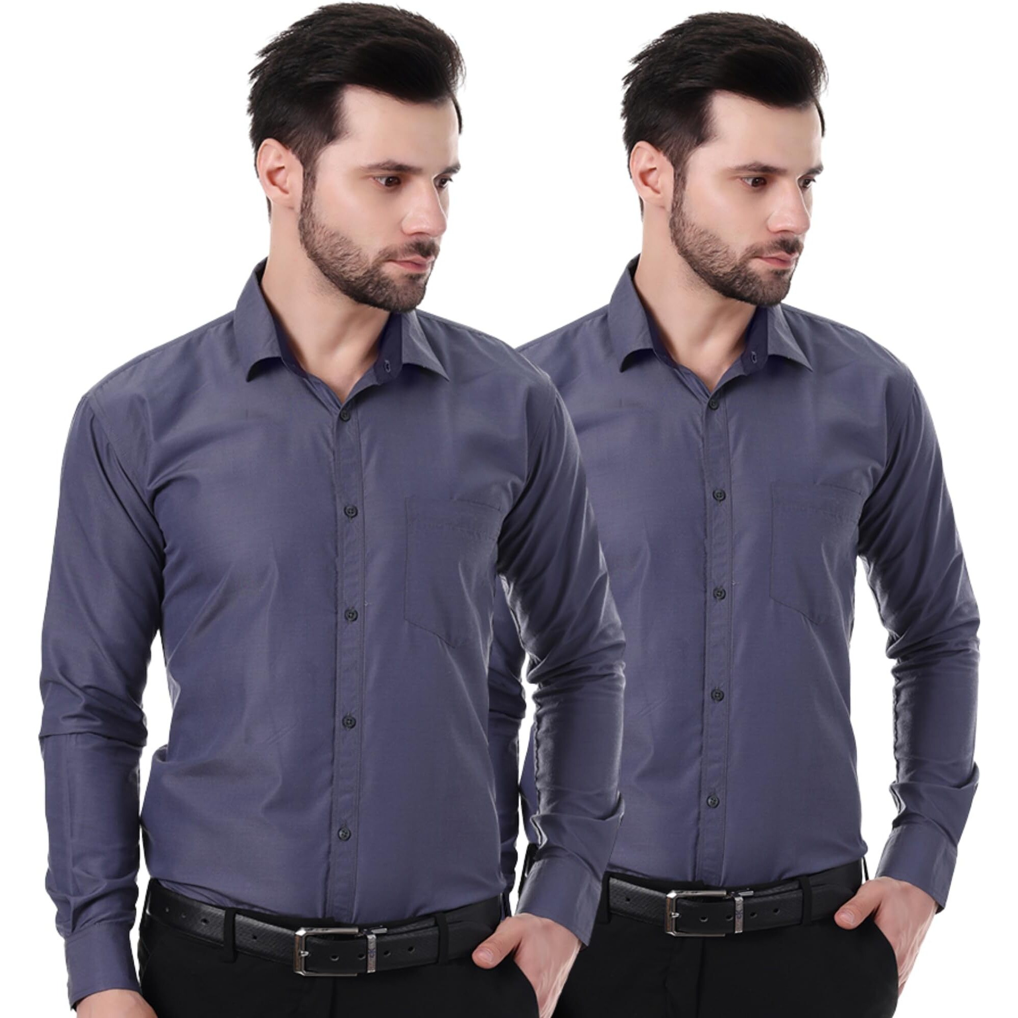 Xjarvis Austin Men's Cotton Blend Shirt |Slim Fit Formal Shirt With Pocket |Plain | Long Sleeve Spread Collar | Casual Wear Regular Fit Shirt, Pack Of 2 (Slate Blue, Xl)