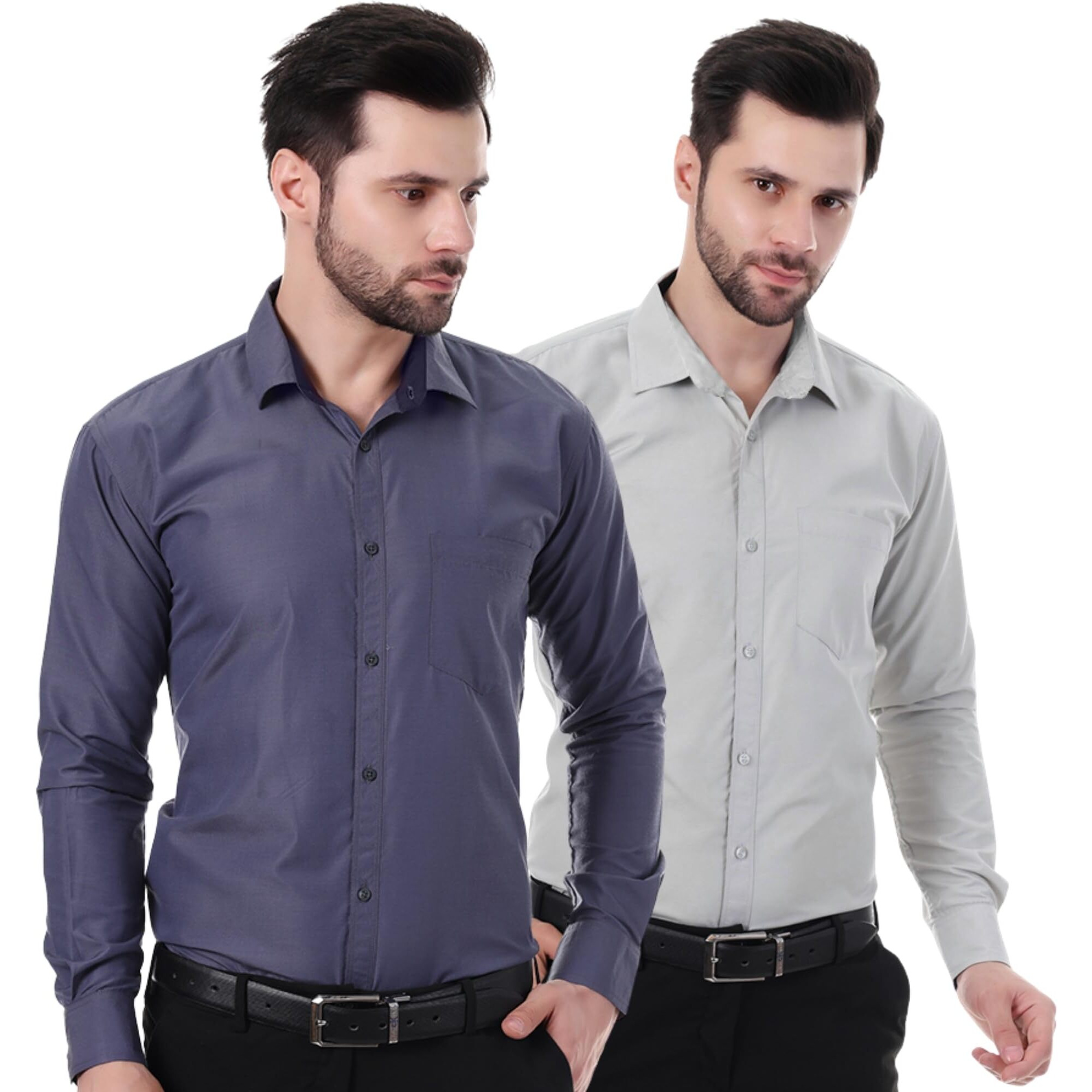 Xjarvis Austin Men's Cotton Blend Shirt |Slim Fit Formal Shirt With Pocket |Plain | Long Sleeve Spread Collar | Casual Wear Regular Fit Shirt, Pack Of 2 (Slate Blue, Slate Grey, 2Xl)