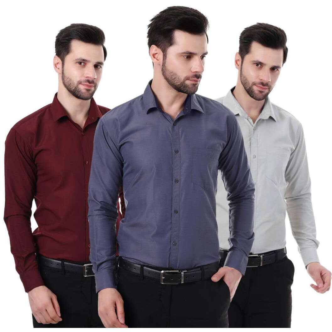Xjarvis Austin Men's Cotton Blend Shirt |Slim Fit Formal Shirt With Pocket |Plain | Long Sleeve Spread Collar | Casual Wear Regular Fit Shirt, Pack Of 3 (Maroon, Slate Blue, Slate Grey, Xl)