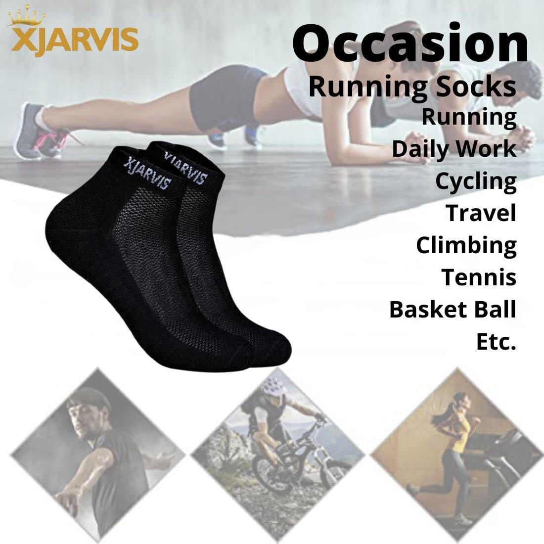 Xjarvis Ankle Length Socks For Men & Women - Moisture-Wicking, Odor-Free, Breathable Cotton, Cushioned Half Terry Combo - Ideal For Sports, Gym & Formal Wear - Pack Of 5 Pairs, Black, Free Size