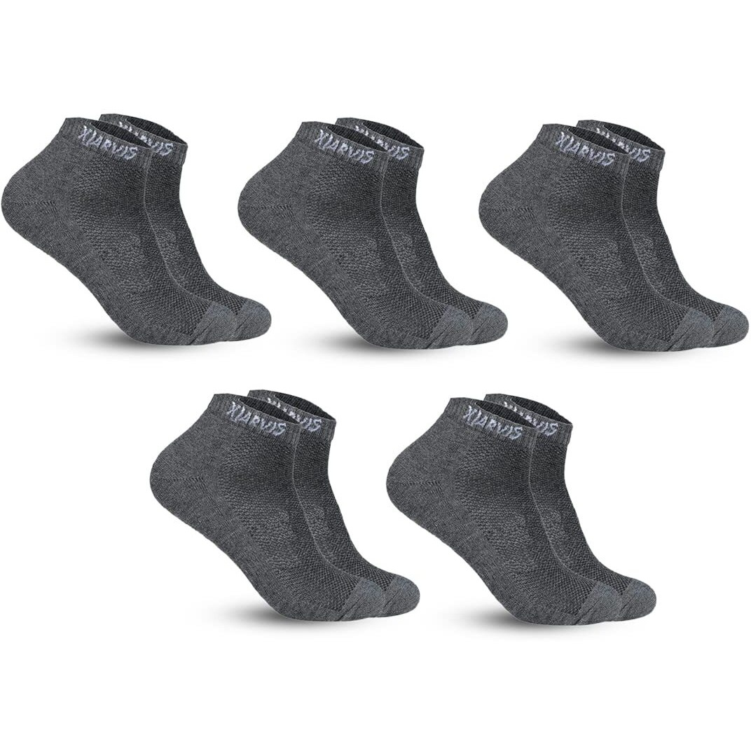 Xjarvis Ankle Length Socks For Men & Women - Moisture-Wicking, Odor-Free, Breathable Cotton, Cushioned Half Terry Combo - Ideal For Sports, Gym & Formal Wear - Pack Of 5 Pairs, Dark Grey, Free Size