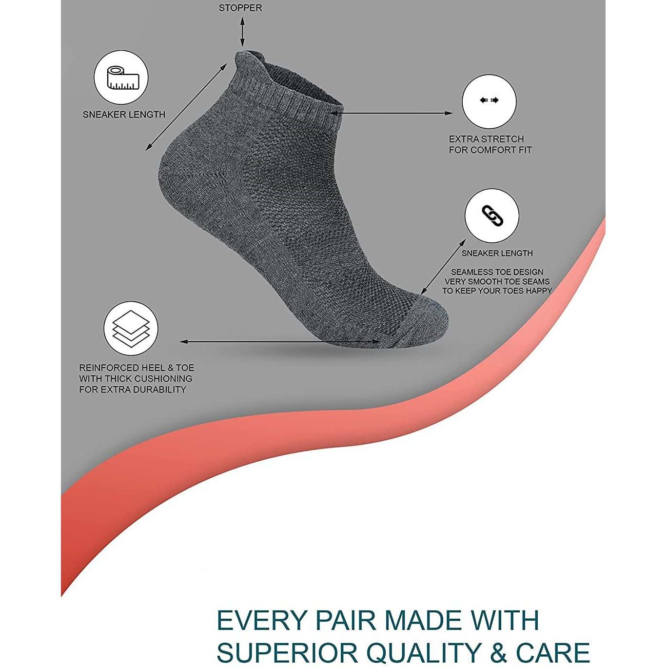 Xjarvis Ankle Length Socks For Men & Women - Moisture-Wicking, Odor-Free, Breathable Cotton, Cushioned Half Terry Combo - Ideal For Sports, Gym & Formal Wear - Pack Of 5 Pairs, Dark Grey, Free Size