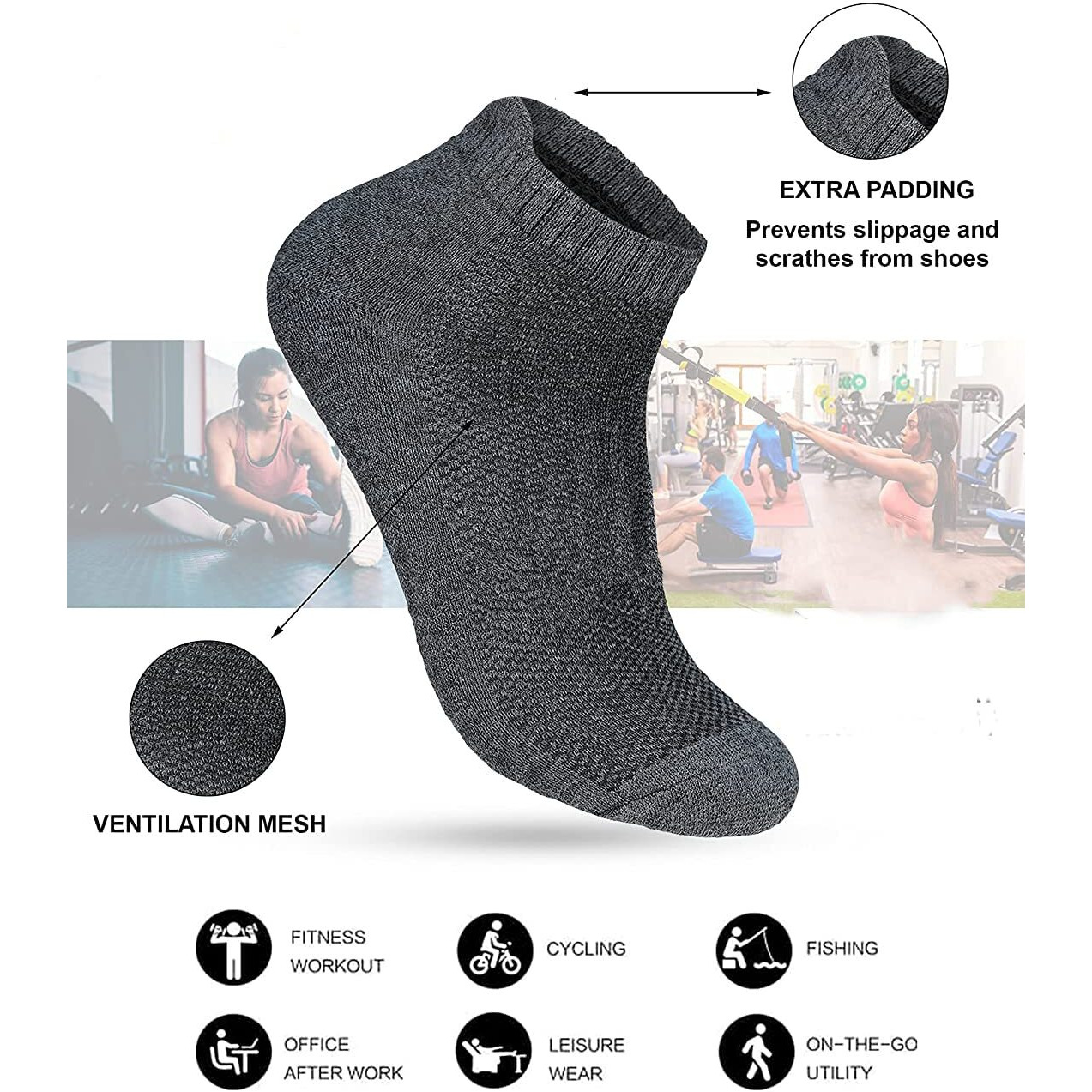 Xjarvis Ankle Length Socks For Men & Women - Moisture-Wicking, Odor-Free, Breathable Cotton, Cushioned Half Terry Combo - Ideal For Sports, Gym & Formal Wear - Pack Of 5 Pairs, Dark Grey, Free Size