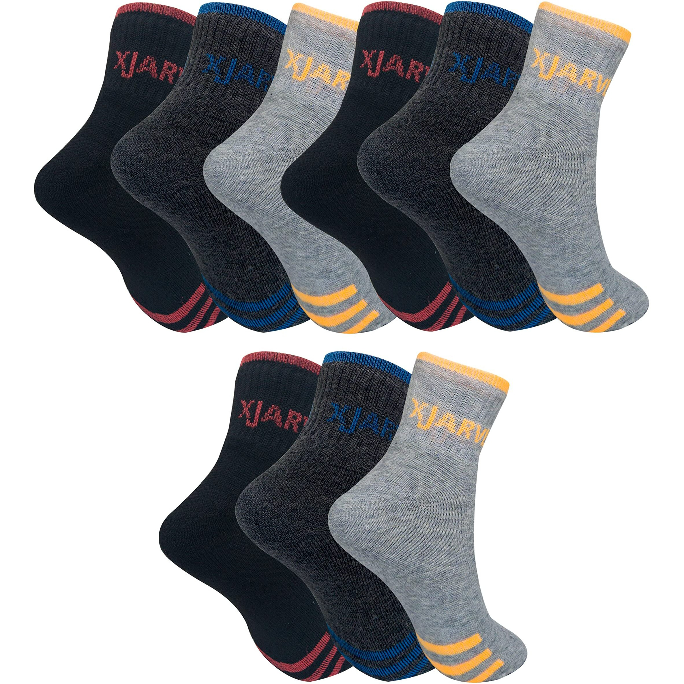 Xjarvis All-Season Ankle Sports Socks | High Cushioning, Arch Support, Breathable Cotton | Odor-Free, Moisture-Wicking | Men & Women | Free Size (Black/Dark Grey/Grey) Pack Of 9