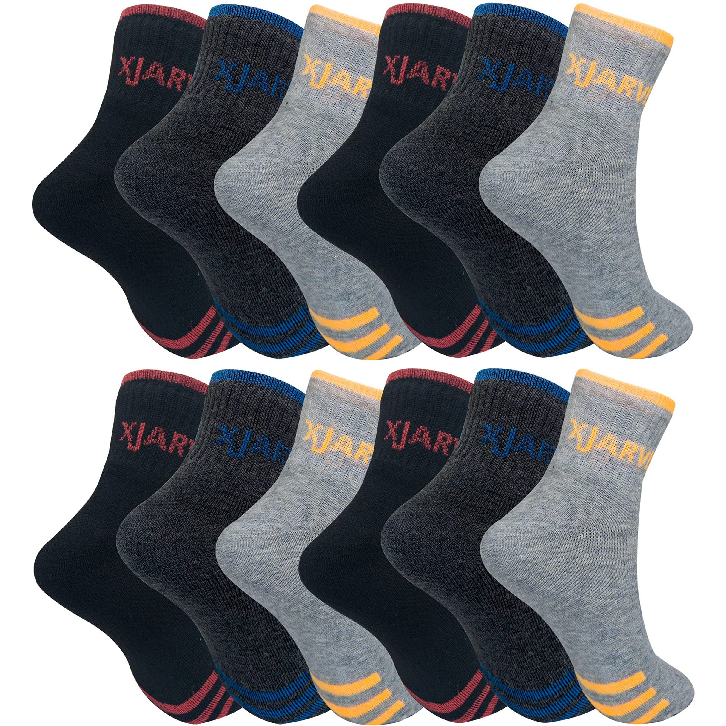 Xjarvis All-Season Ankle Sports Socks | High Cushioning, Arch Support, Breathable Cotton | Odor-Free, Moisture-Wicking | Men & Women | Free Size (Black/Dark Grey/Grey) Pack Of 12