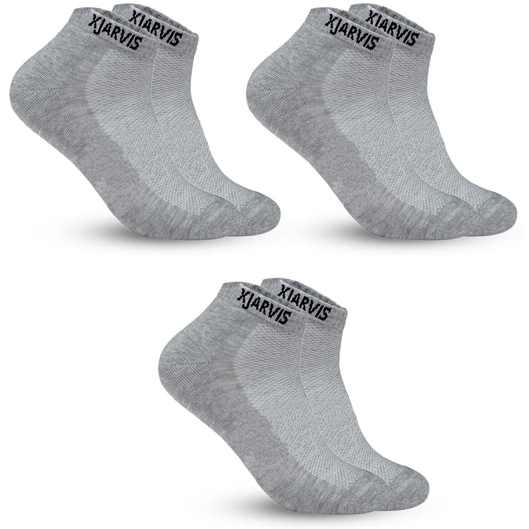 Xjarvis Ankle Length Socks For Men & Women - Moisture-Wicking, Odor-Free, Breathable Cotton, Cushioned Half Terry Combo - Ideal For Sports, Gym & Formal Wear - Pack Of 3 Pairs, Grey, Free Size