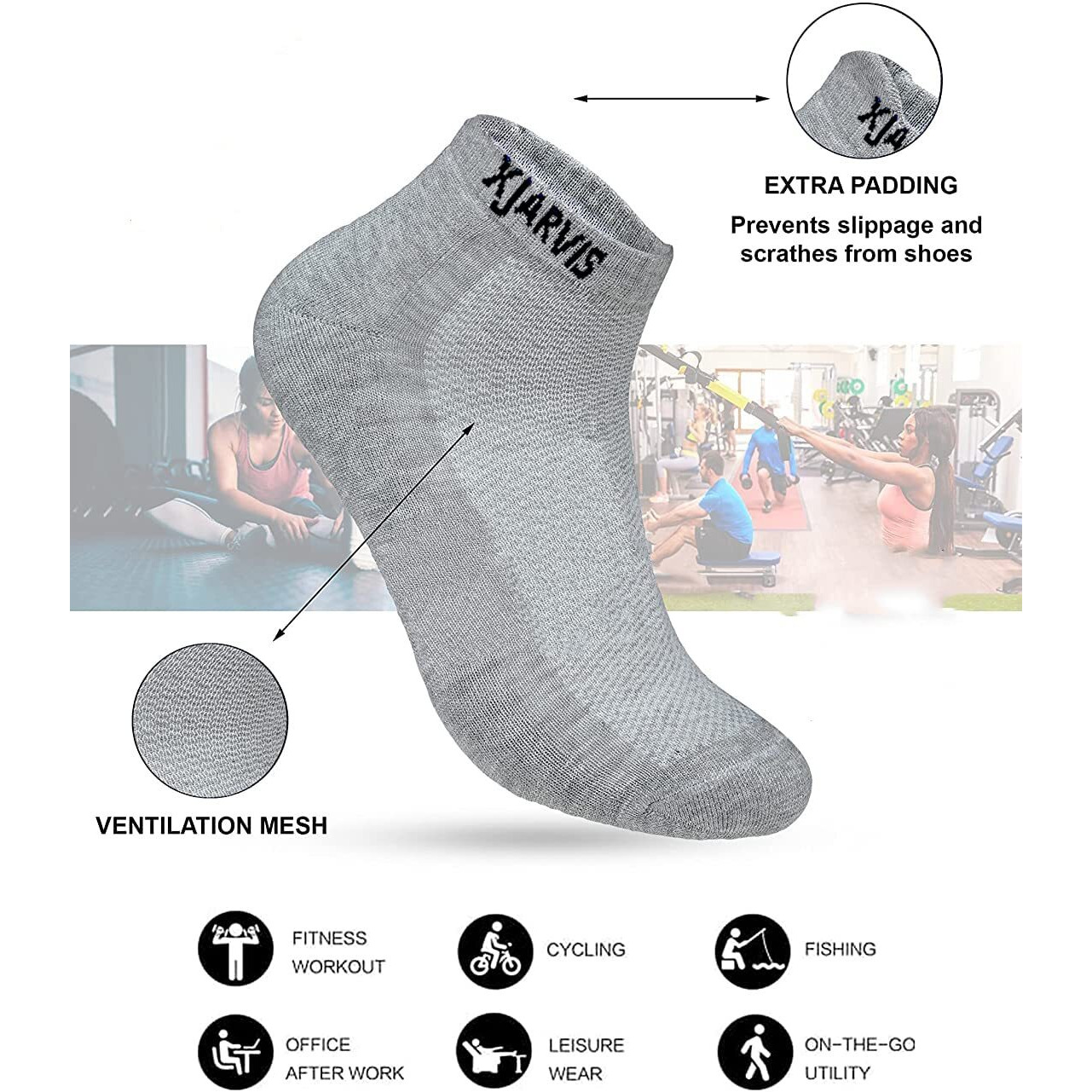 Xjarvis Ankle Length Socks For Men & Women - Moisture-Wicking, Odor-Free, Breathable Cotton, Cushioned Half Terry Combo - Ideal For Sports, Gym & Formal Wear - Pack Of 3 Pairs, Grey, Free Size