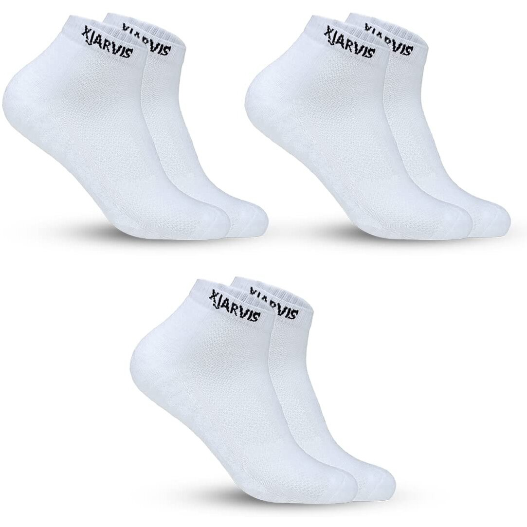 Xjarvis Ankle Length Socks For Men & Women - Moisture-Wicking, Odor-Free, Breathable Cotton, Cushioned Half Terry Combo - Ideal For Sports, Gym & Formal Wear - Pack Of 3 Pairs, White, Free Size