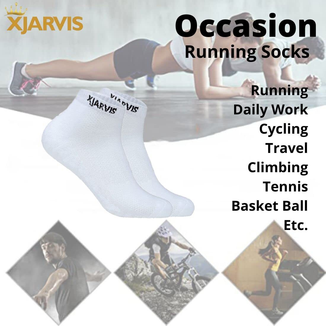 Xjarvis Ankle Length Socks For Men & Women - Moisture-Wicking, Odor-Free, Breathable Cotton, Cushioned Half Terry Combo - Ideal For Sports, Gym & Formal Wear - Pack Of 3 Pairs, White, Free Size