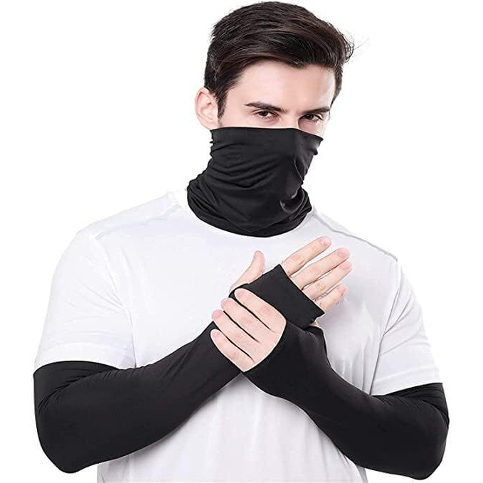 Xjarvis Arm Sleeve & Bandana Combo For Men & Women Uv Protection Hand Sleeves With Thumb Hole For Unisex Sun Protection For Running, Cricket, Hand Cover For Bike Riding, Pack Of 2 (Black)