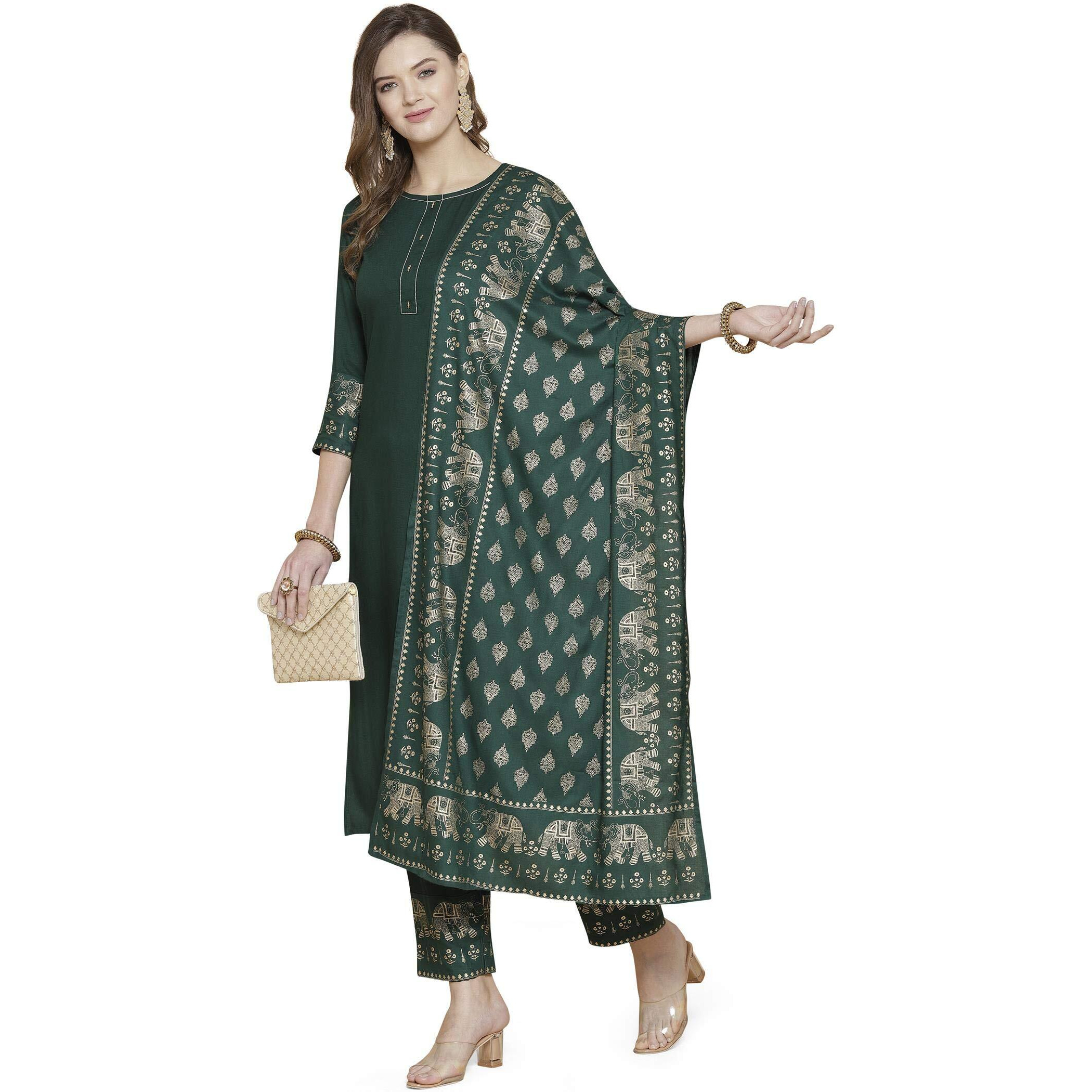 Gosriki Women's Rayon Solid Kurta With Palazzo & Dupatta (Green,L)