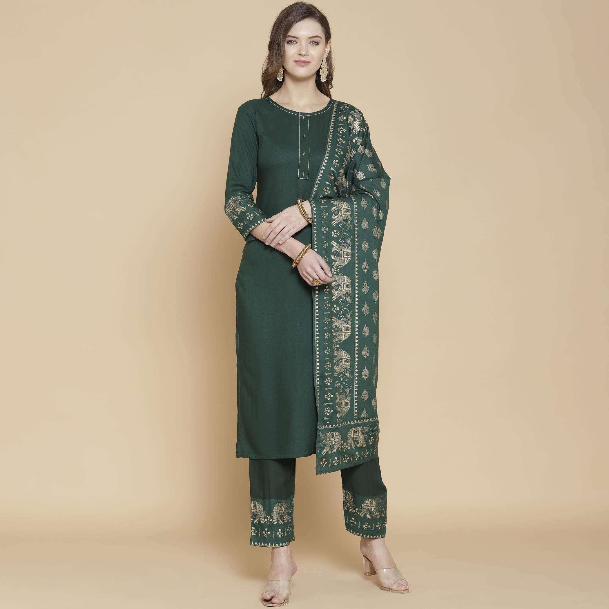 Gosriki Women's Rayon Solid Kurta With Palazzo & Dupatta (Green,L)