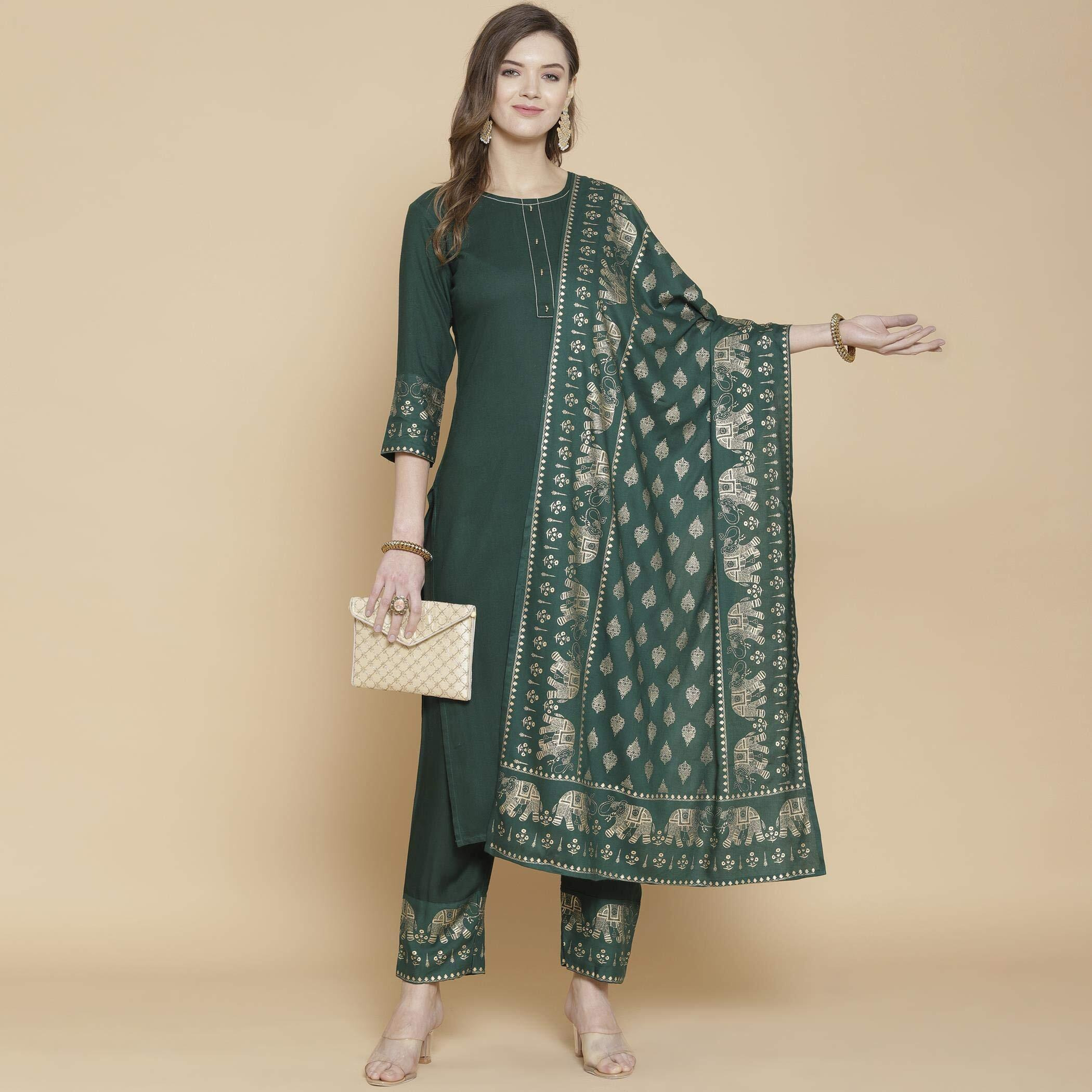 Gosriki Women's Rayon Solid Kurta With Palazzo & Dupatta (Green,L)