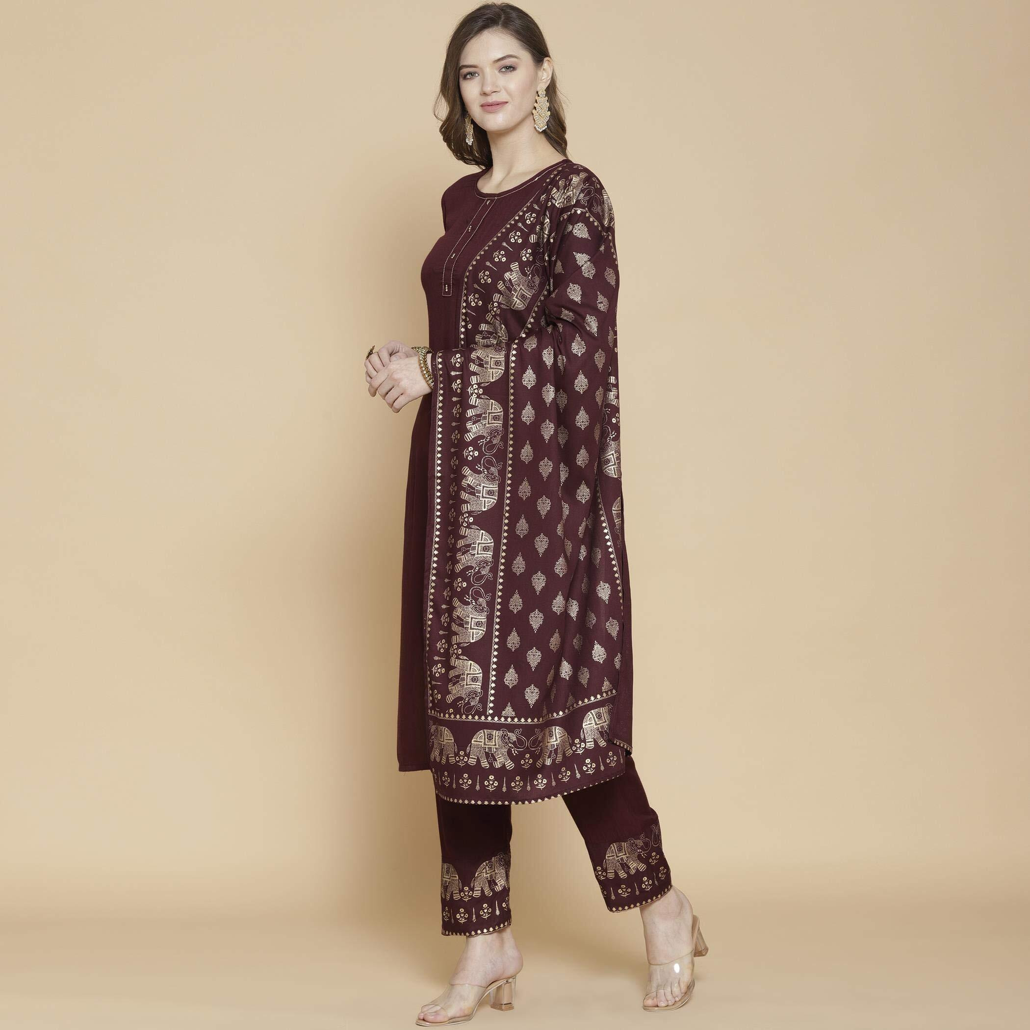 Gosriki Women's Rayon Solid Kurta With Palazzo & Dupatta (Brown,L)