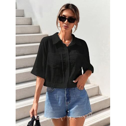 Toplot V-Collar Solid Crop Shirt For Women With Half Sleeves (Crop-Shirt-5183-Black-M)