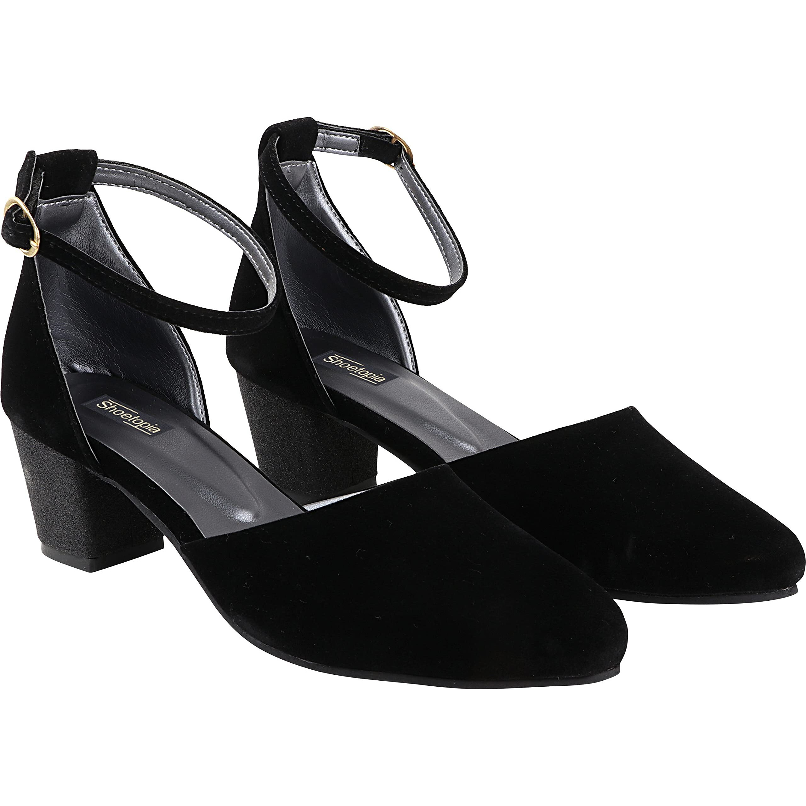 Shoetopia Women's & Girl's Black Solid Block Heels Pumps-Eu36