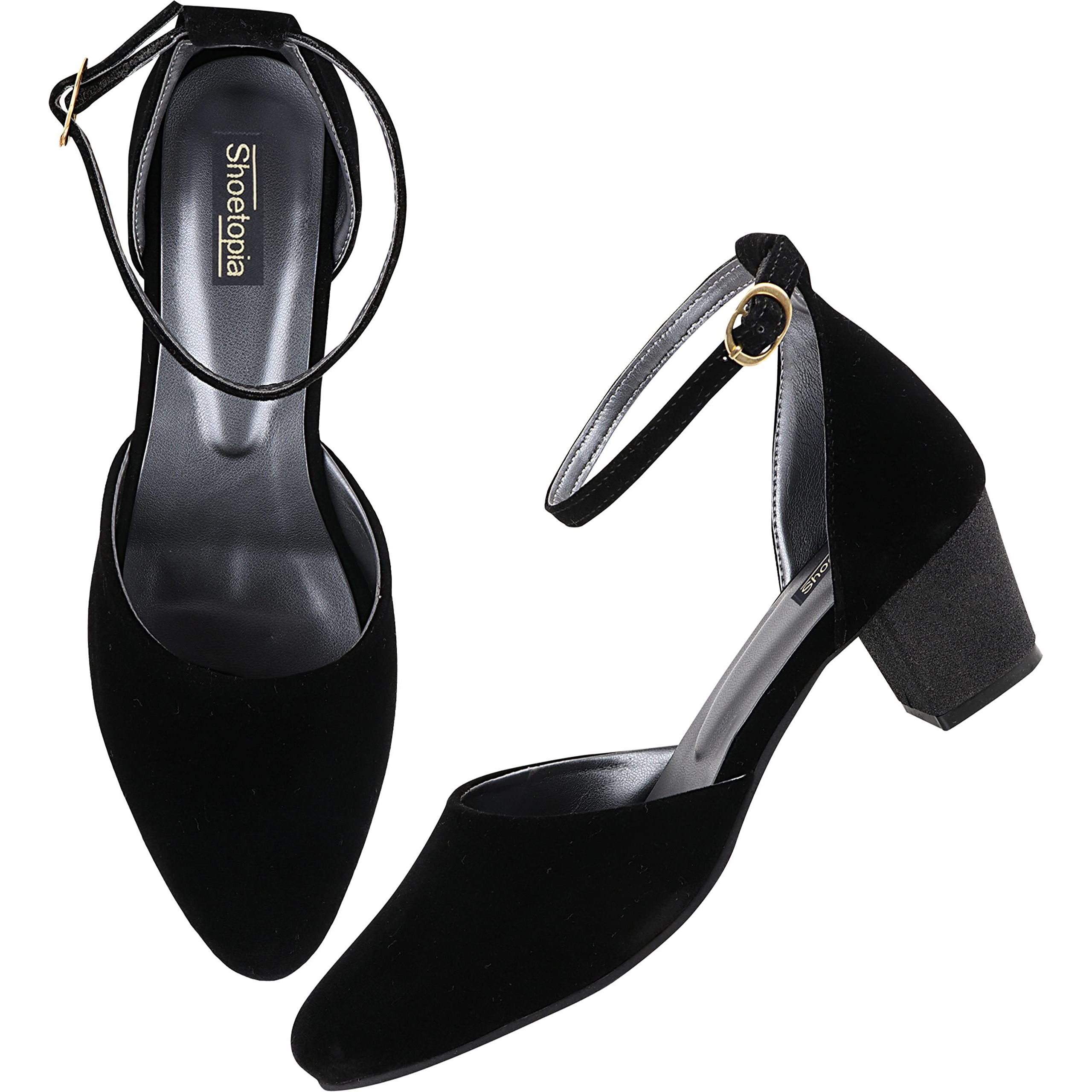 Shoetopia Women's & Girl's Black Solid Block Heels Pumps-Eu36