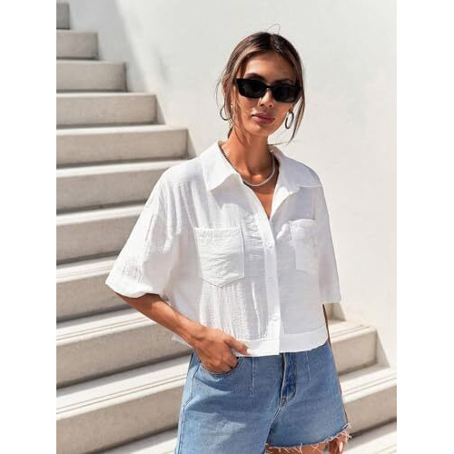 Toplot V-Collar Solid Crop Shirt For Women With Half Sleeves (Crop-Shirt-5183-White-M)