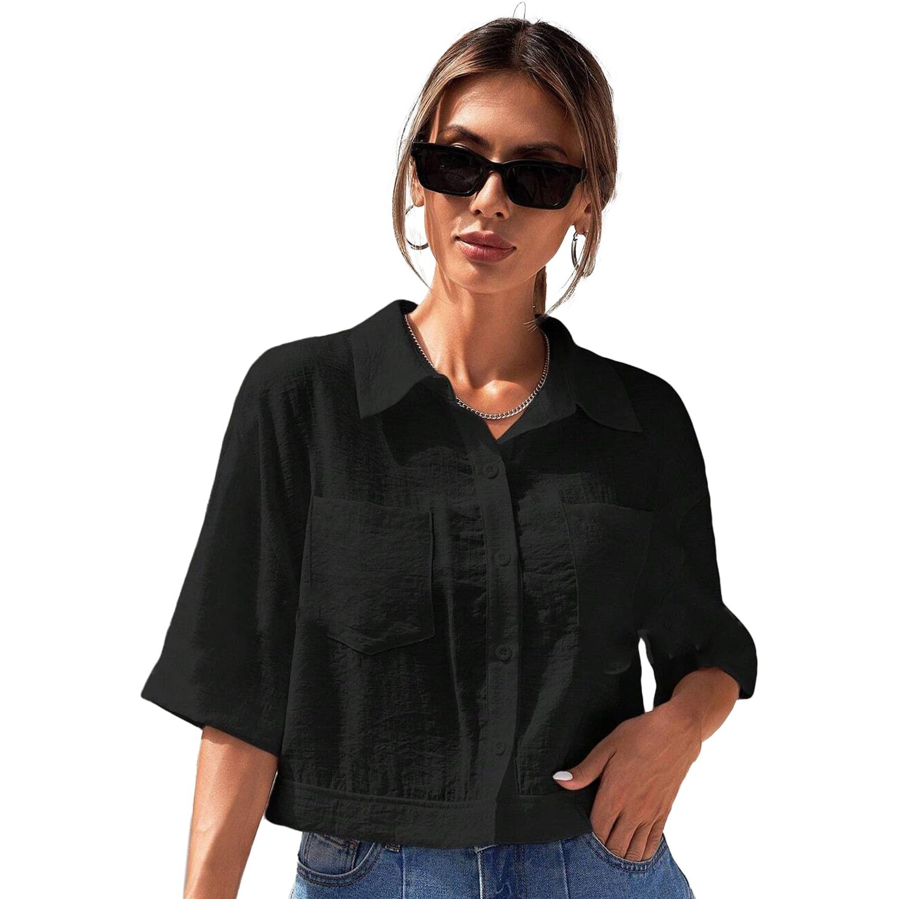 Toplot V-Collar Solid Crop Shirt For Women With Half Sleeves (Crop-Shirt-5183-Black-L)