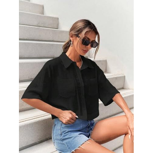 Toplot V-Collar Solid Crop Shirt For Women With Half Sleeves (Crop-Shirt-5183-Black-L)