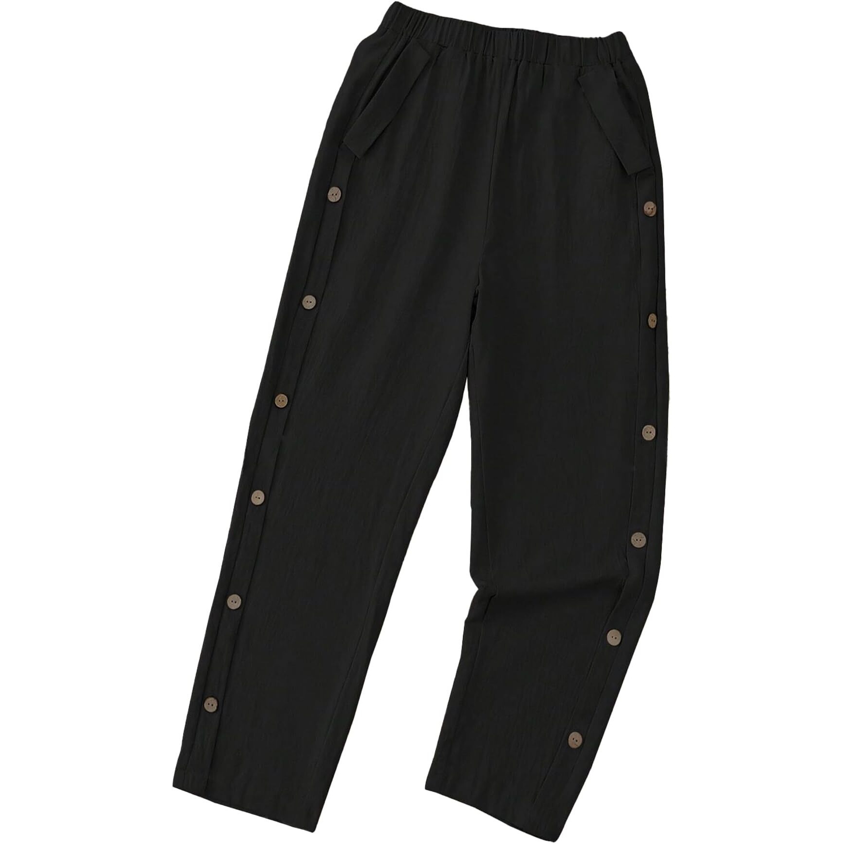 Toplot Women Casual Slanted Pocket Elastic Waist Tapered Pants (Button-Pant-5192-Black-36)