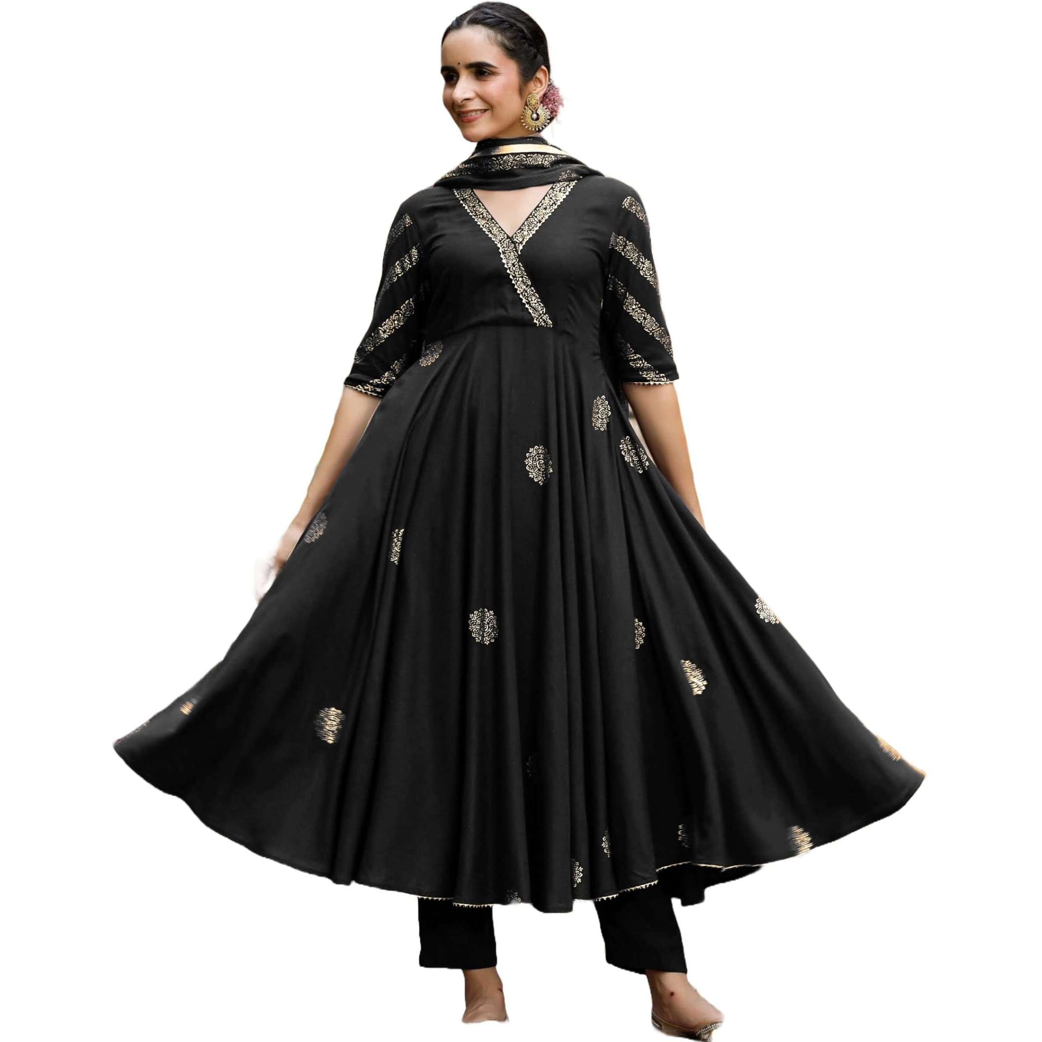 Gosriki Women's Rayon Blend Printed Anarkali Kurta With Pant & Dupatta (Berlin Black-Gs_Xl_Black_X-Large)