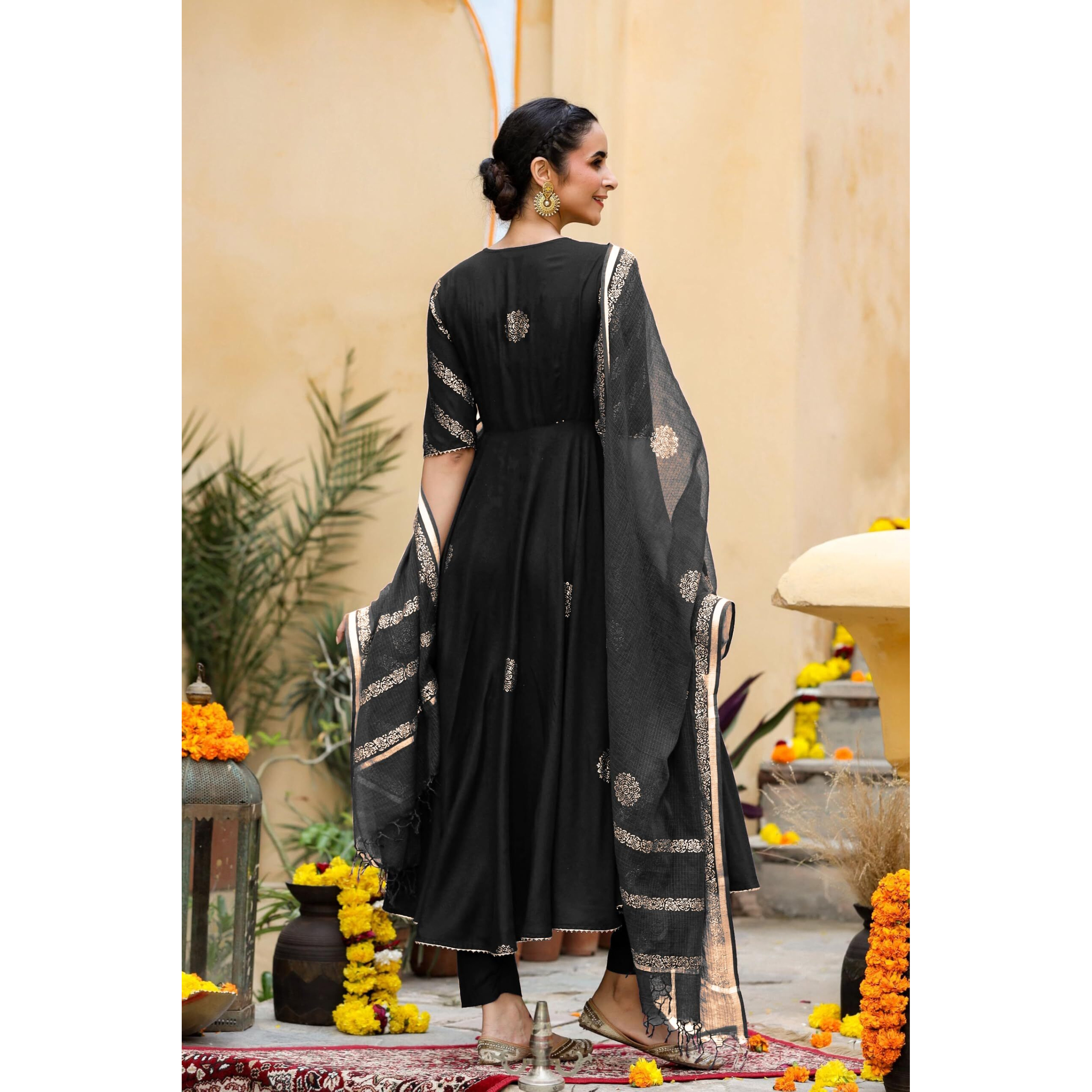 Gosriki Women's Rayon Blend Printed Anarkali Kurta With Pant & Dupatta (Berlin Black-Gs_Xl_Black_X-Large)
