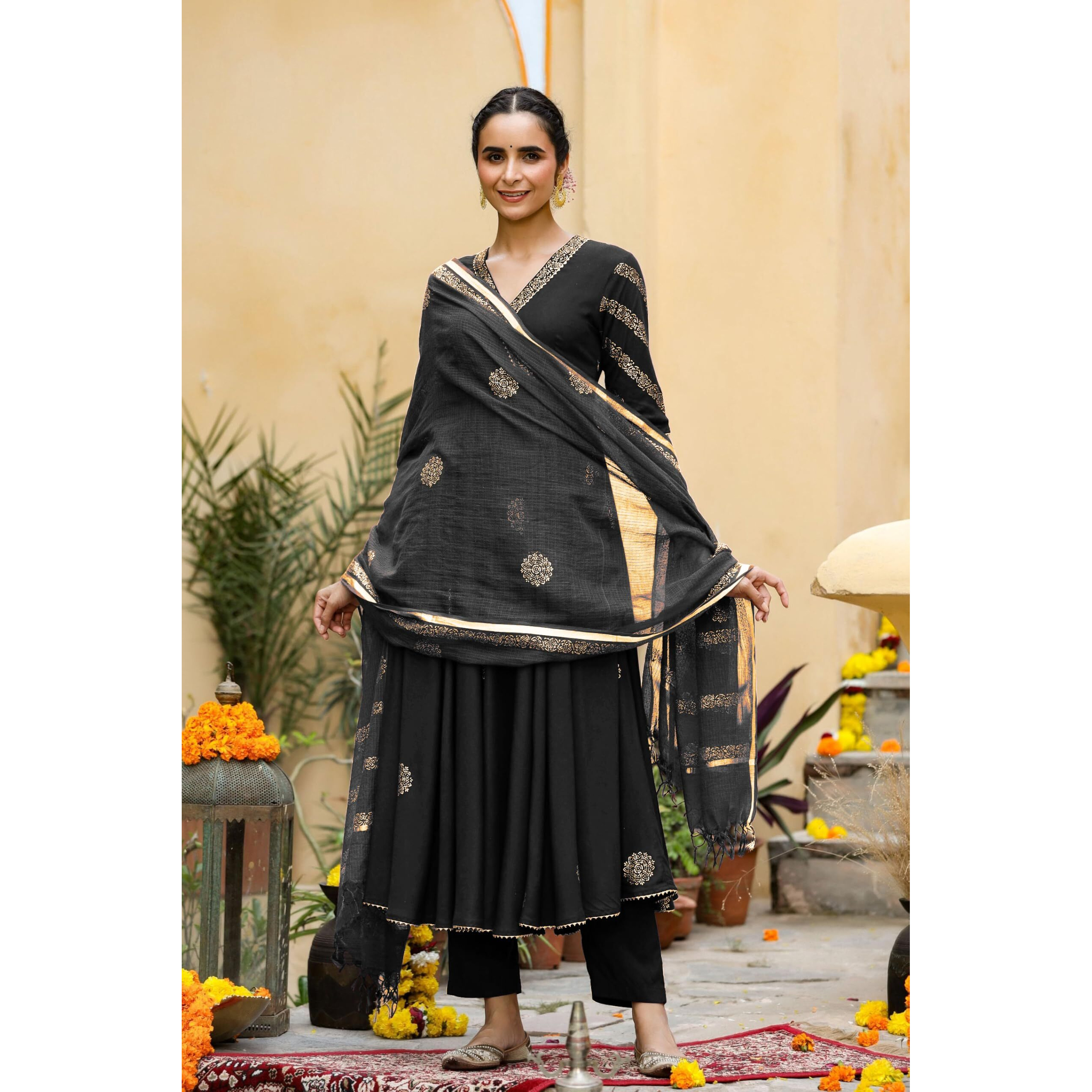 Gosriki Women's Rayon Blend Printed Anarkali Kurta With Pant & Dupatta (Berlin Black-Gs_Xl_Black_X-Large)