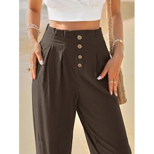 Toplot Women Casual Slanted Pocket Elastic Waist Tapered Pants (Pleated-Pant-5194-Dark Beige-30)