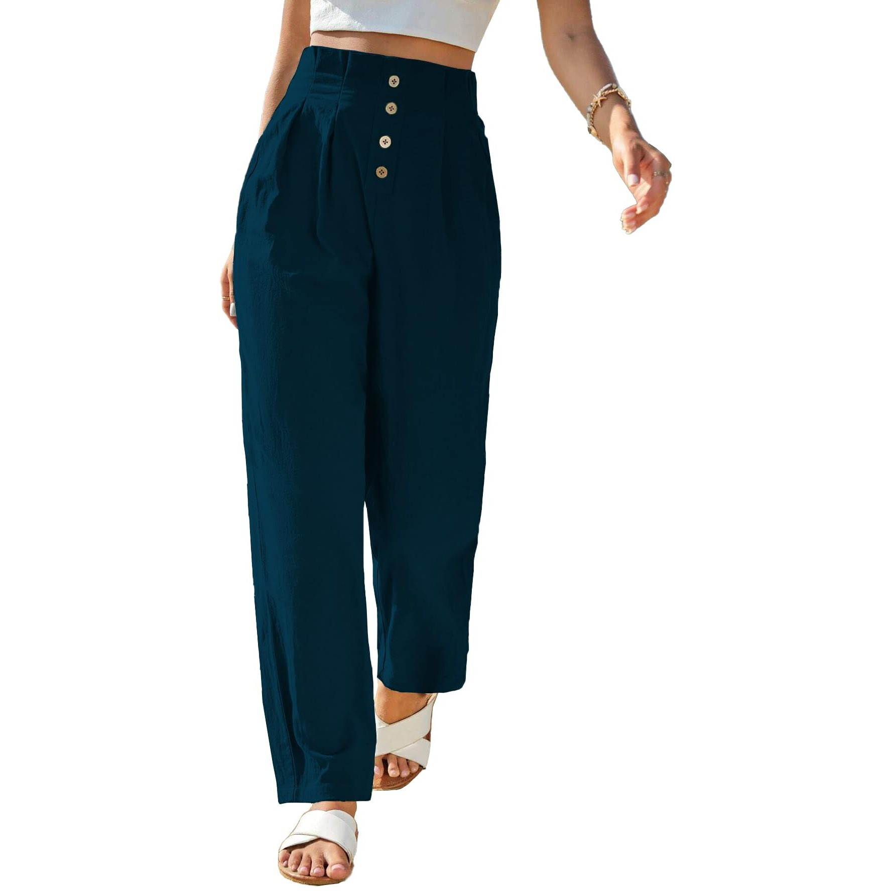 Toplot Women Casual Slanted Pocket Elastic Waist Tapered Pants (Pleated-Pant-5194-Turquoise-36)