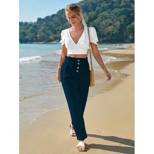 Toplot Women Casual Slanted Pocket Elastic Waist Tapered Pants (Pleated-Pant-5194-Turquoise-36)