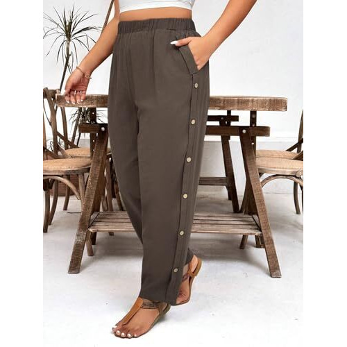 Toplot Women Casual Slanted Pocket Elastic Waist Tapered Pants (Button-Pant-5192-Dark Beige-30)