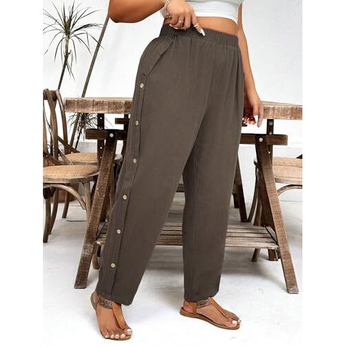 Toplot Women Casual Slanted Pocket Elastic Waist Tapered Pants (Button-Pant-5192-Dark Beige-30)