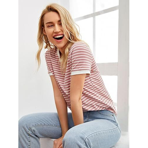 Toplot Stripe Printed Short Sleeve Regular Fit Top For Women (Top-5142-Pink-M)