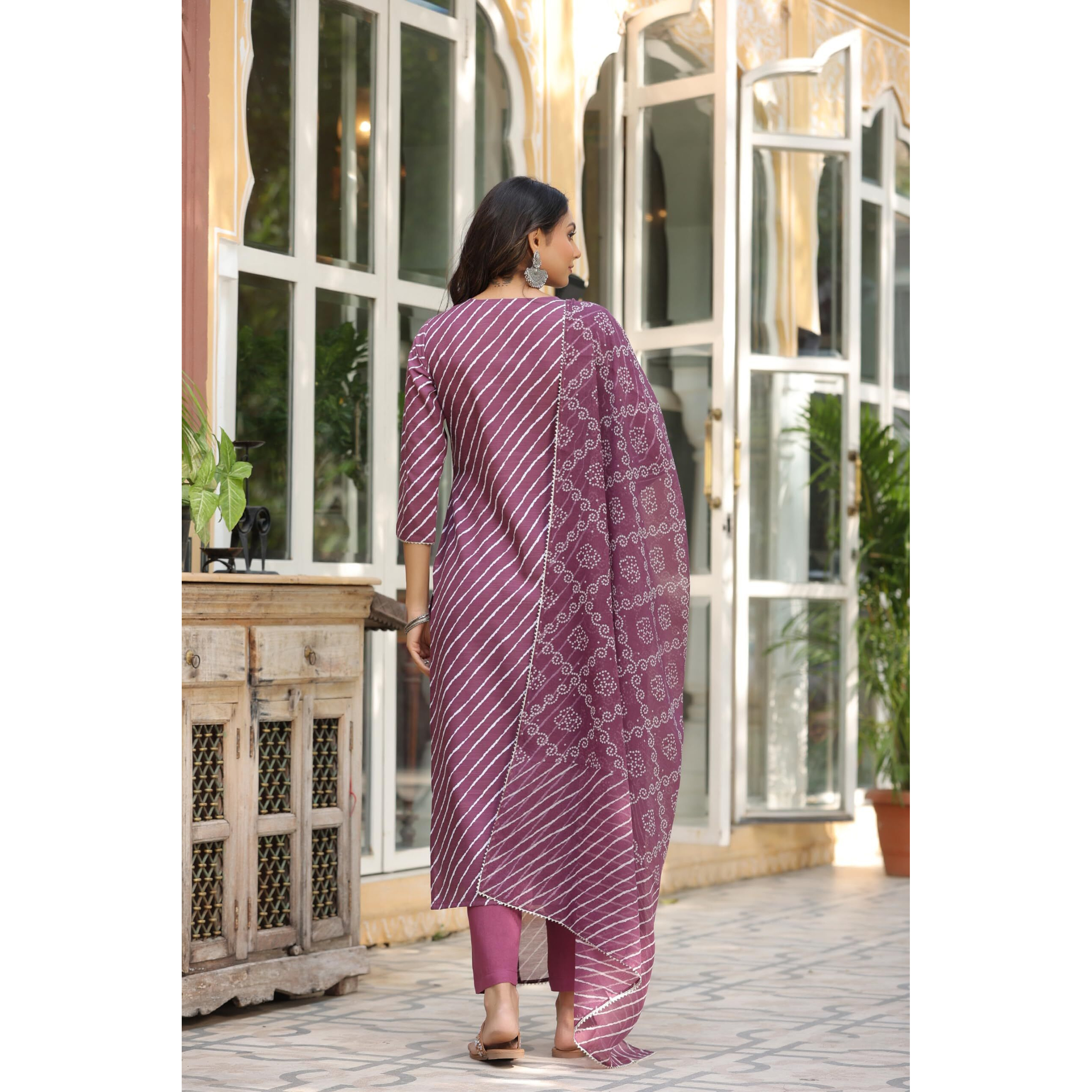 Gosriki Women's Cotton Blend Straight Printed Kurta With Pant & Dupatta (Doremi-Wine-Gs_Xl_Wine_X-Large)