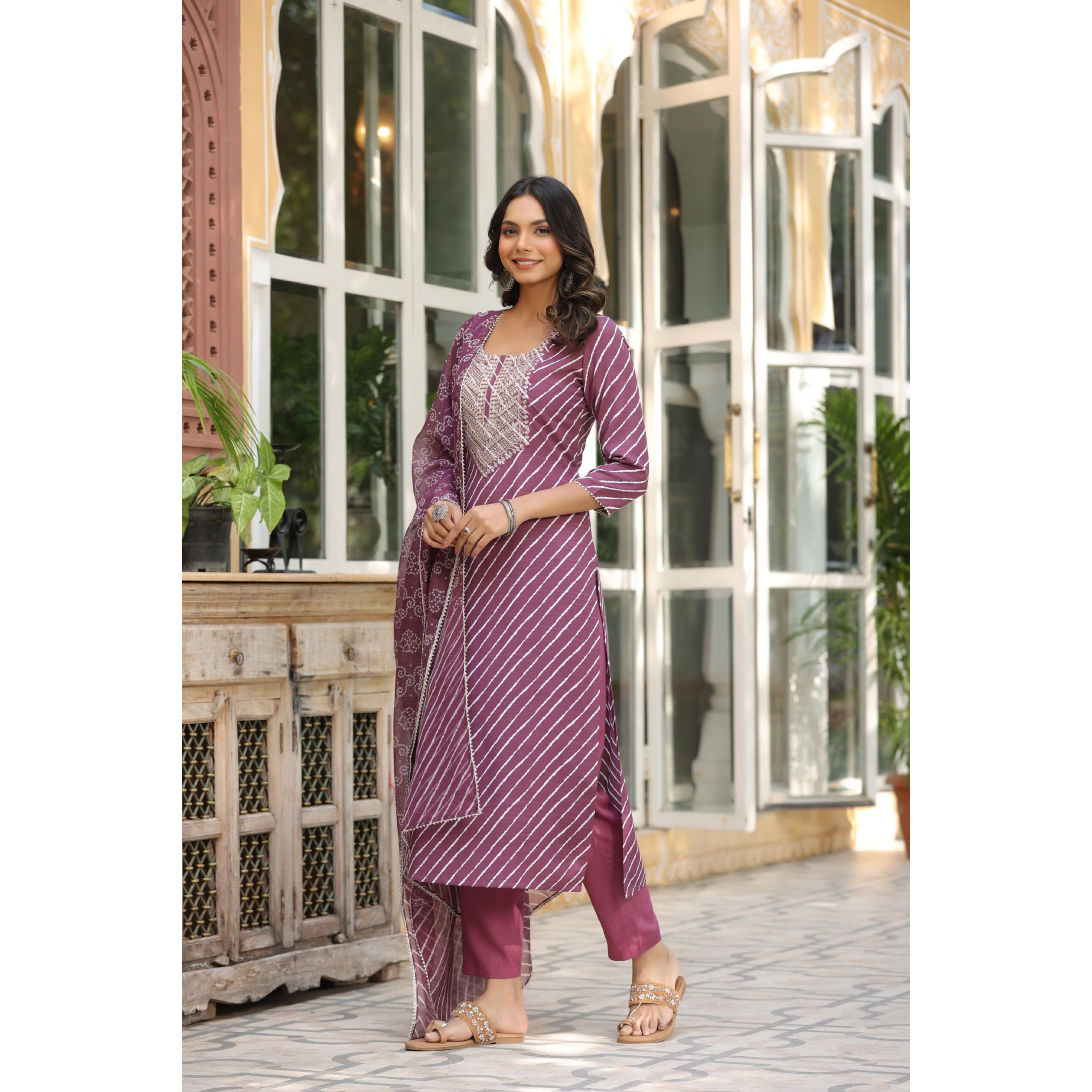 Gosriki Women's Cotton Blend Straight Printed Kurta With Pant & Dupatta (Doremi-Wine-Gs_Xl_Wine_X-Large)