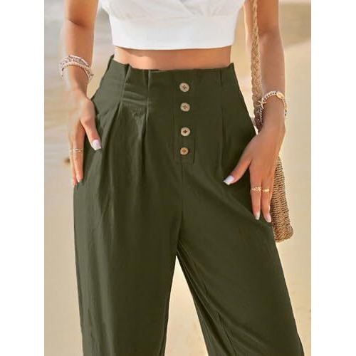 Toplot Women Casual Slanted Pocket Elastic Waist Tapered Pants (Pleated-Pant-5194-Olive-28)
